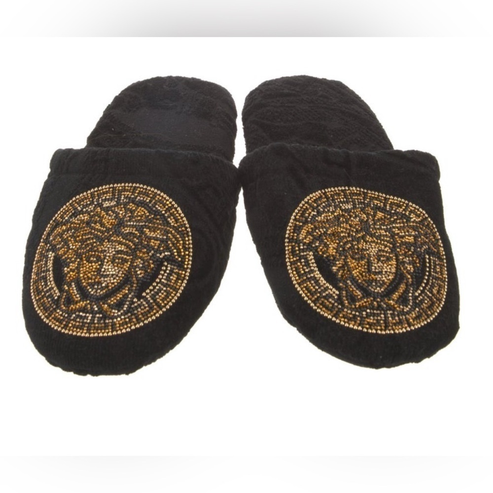 VERSACE Medusa Crystal Embellished Black & Gold Bath Slippers Size 5.5 NWT